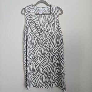 Match Point USA 100% Linen Zebra Striped Relaxed Shift Dress Front Pockets Small